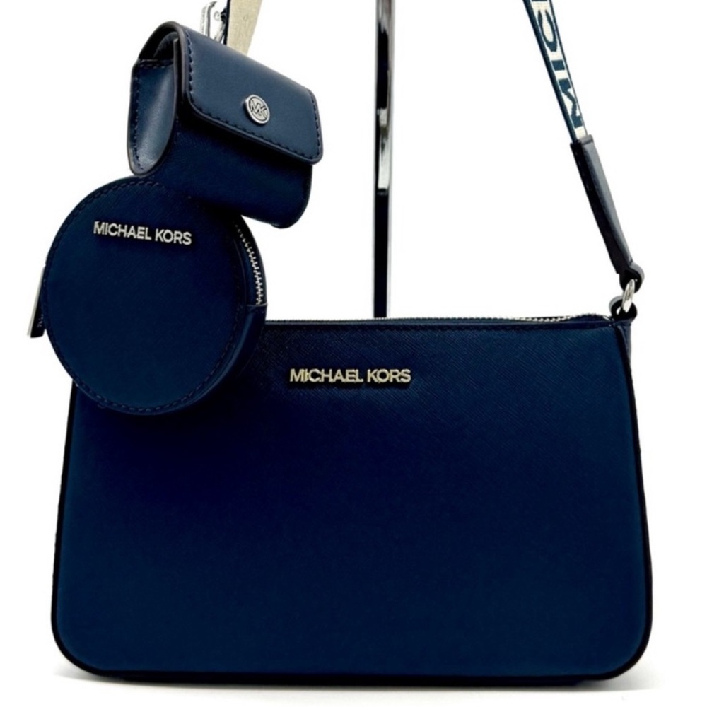 Michael Kors Small Leather Crossbody Bag w Case for Apple Airpods Pro® Navy